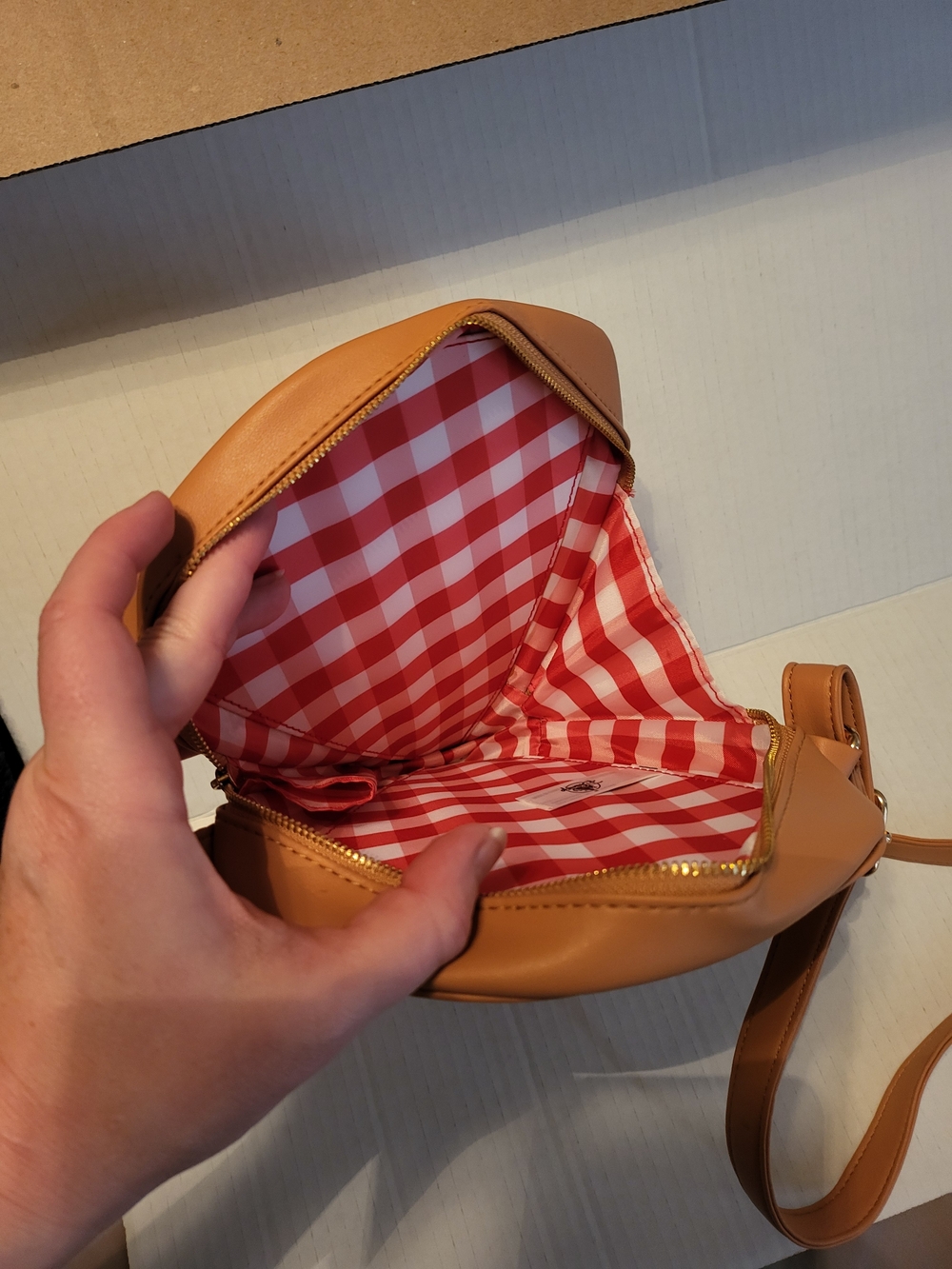 Disney Tan Pizza Slice Crossbody Bag with Red and Black Appliqués - Picture 3 of 4